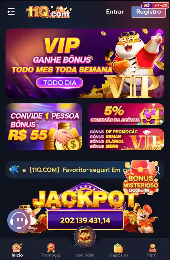 Interface do 11Q app no celular com ícones de jogos.